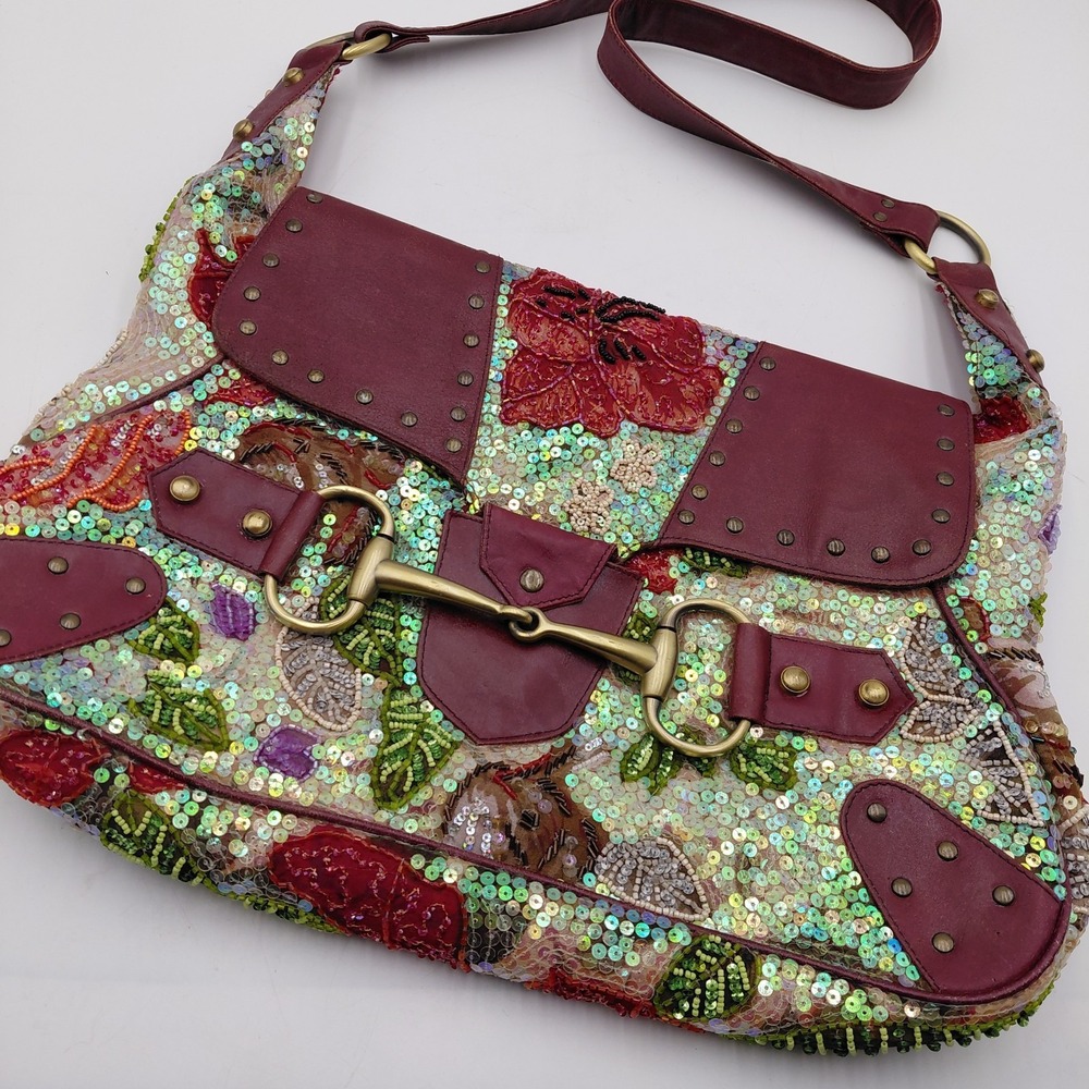 Vtg Christiana Floral Crossbody Purse Messenger Sequin Beaded Horse Bit Satin